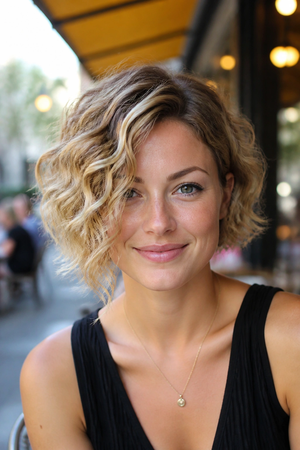 Portrait of a real woman with an asymmetrical curly bob and subtle longer side in natural daylight