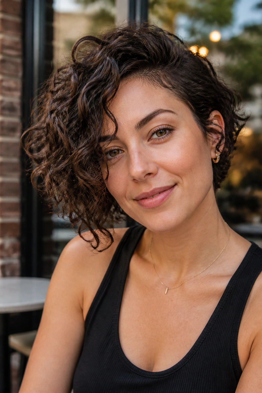 Close-up of real woman with asymmetrical curly bob and gentle diagonal length difference.