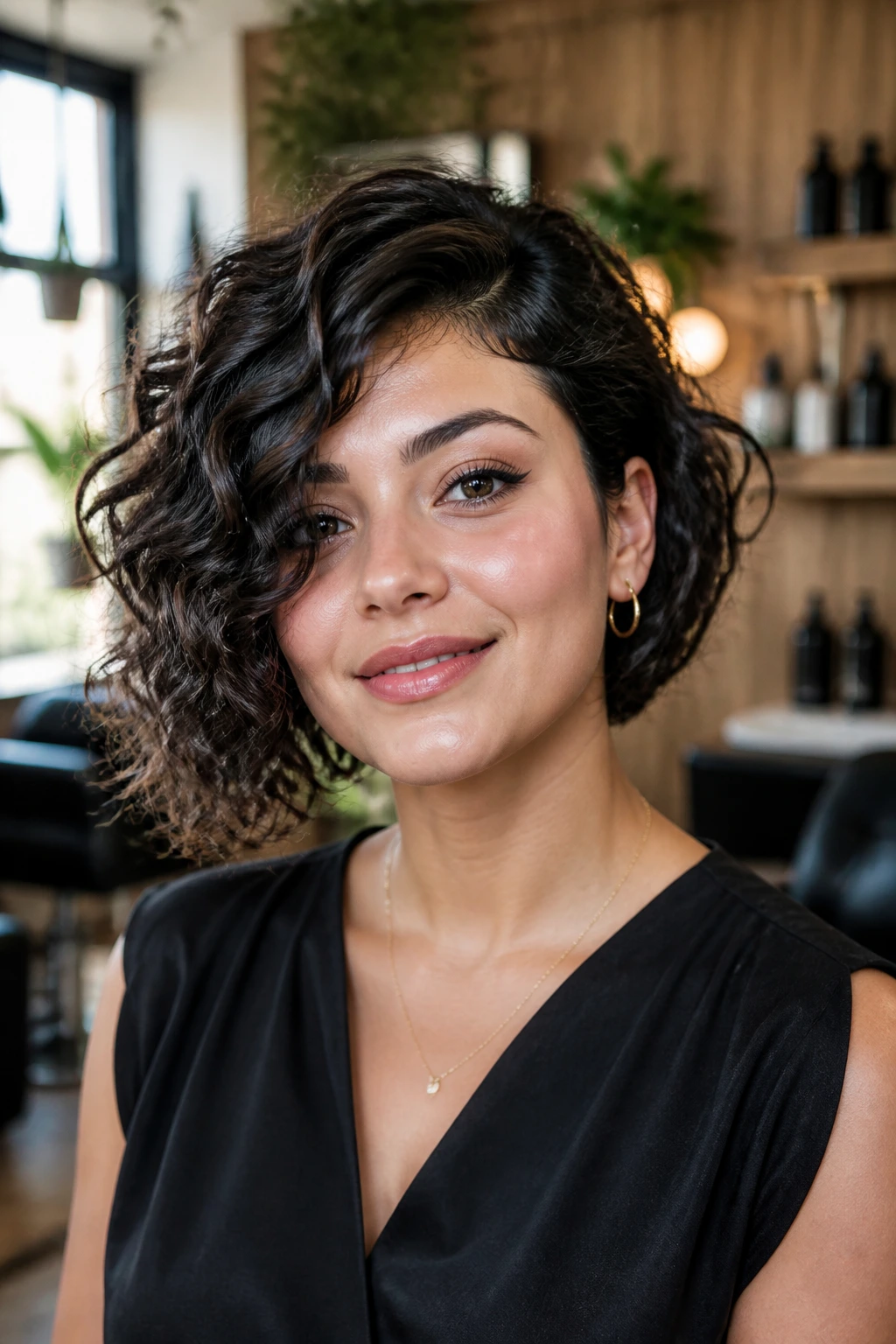 Close-up portrait of a real woman with an asymmetrical curly bob, showing the longer side and diagonal line.