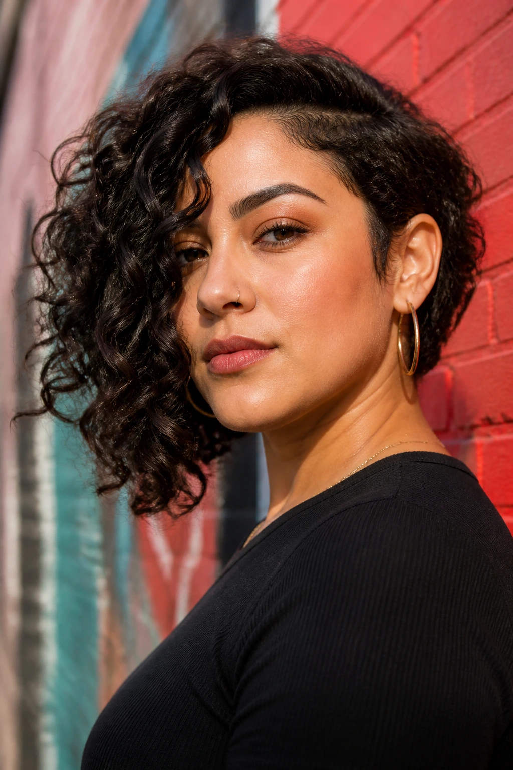 Close-up of a real woman with an asymmetrical curly bob hairstyle