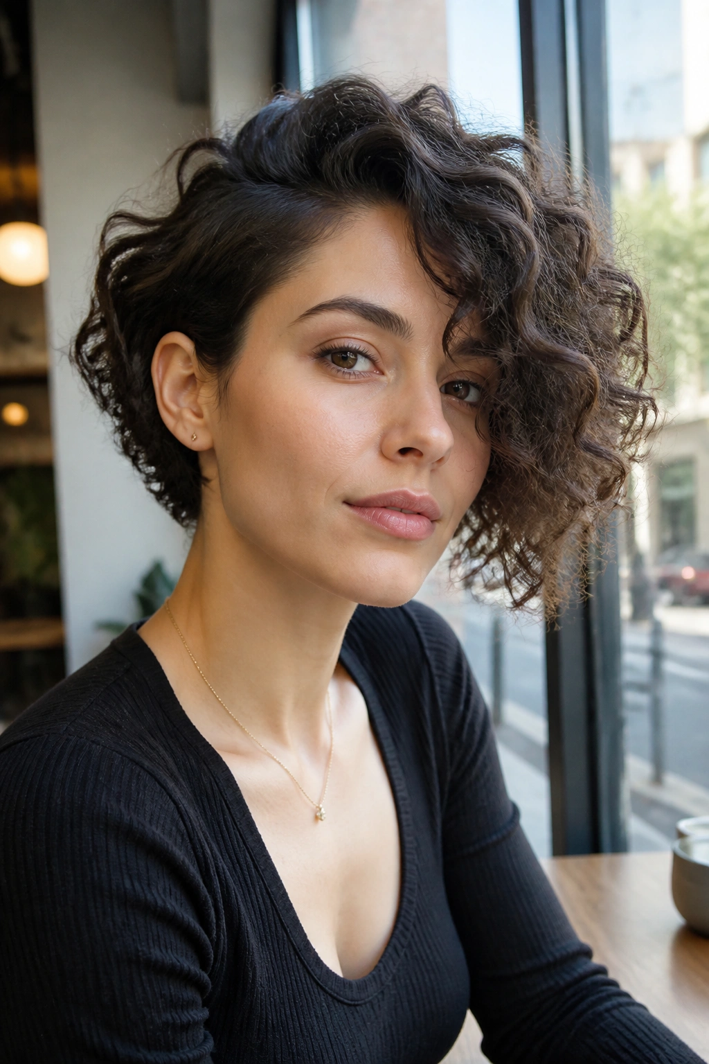 Close-up of a real person with asymmetrical curly bob in cafe window light
