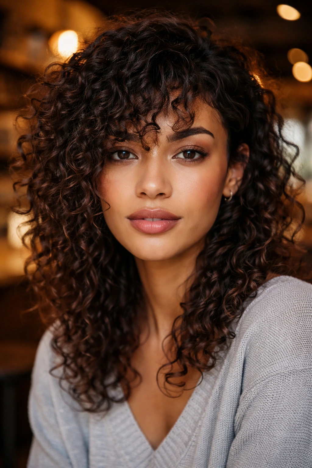 Portrait of a real woman with asymmetrical curly fringe.