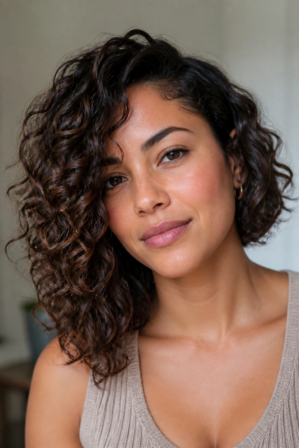 Portrait of a real person with asymmetrical curly lob showing diagonal hair length.