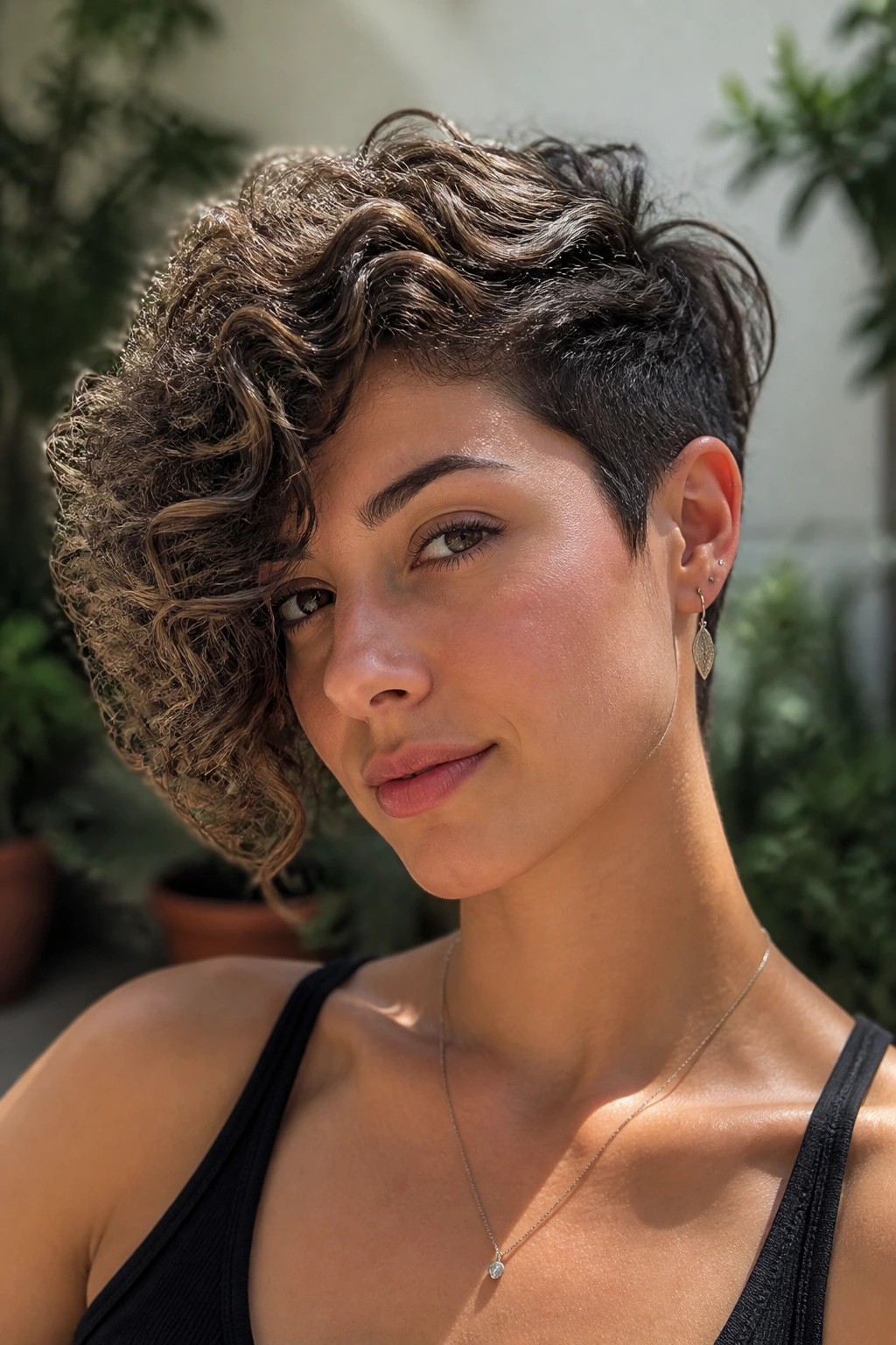 Close-up of a real woman with asymmetrical curly pixie cut in natural outdoor light.
