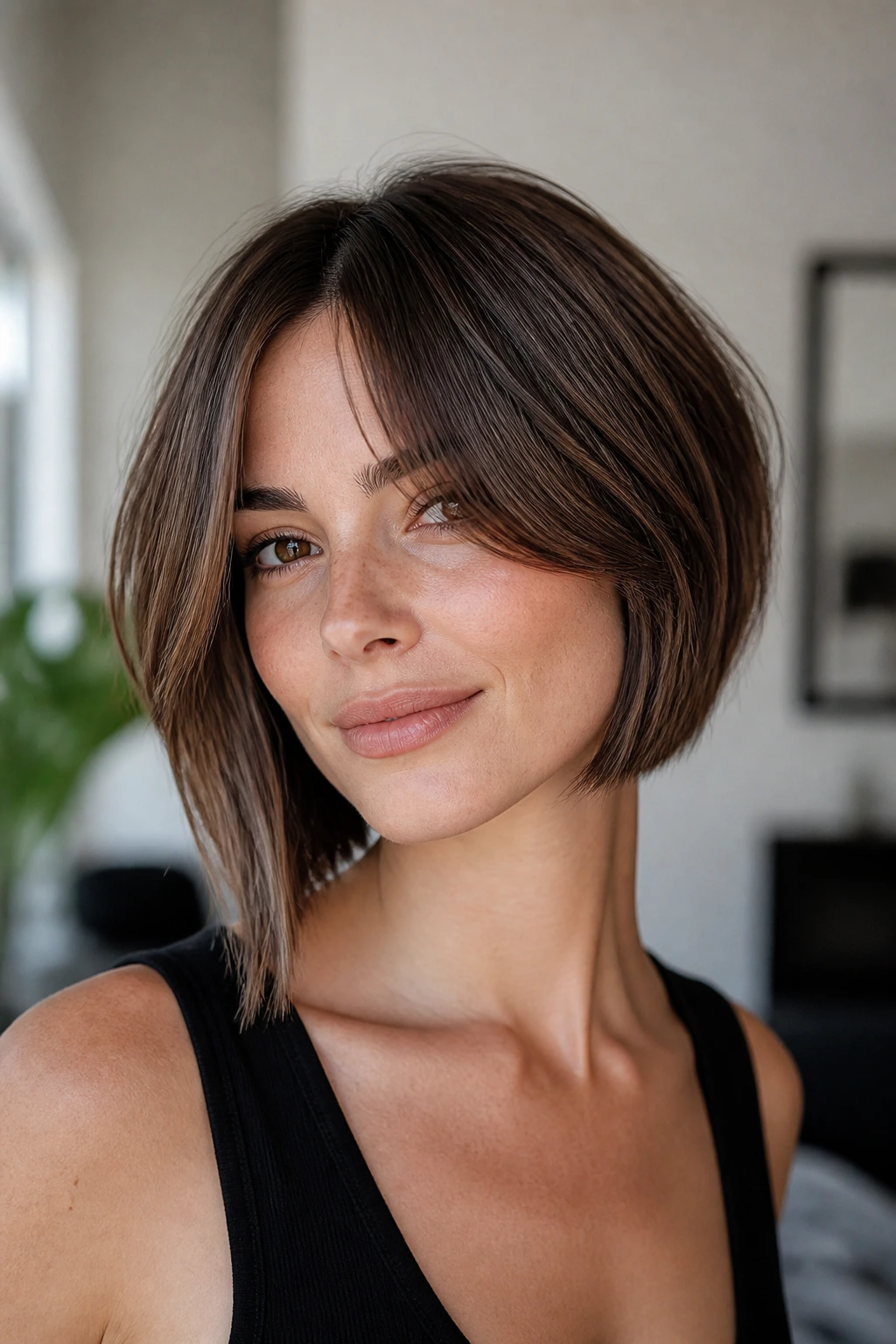 Real woman with curtain bangs and asymmetrical bob framing her face.