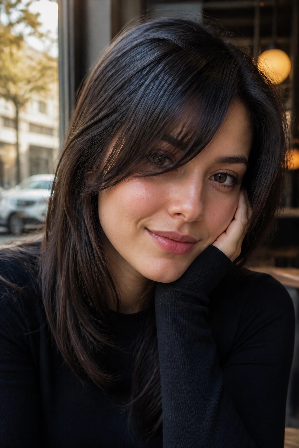 Close-up portrait of a real woman with asymmetrical curtain bangs