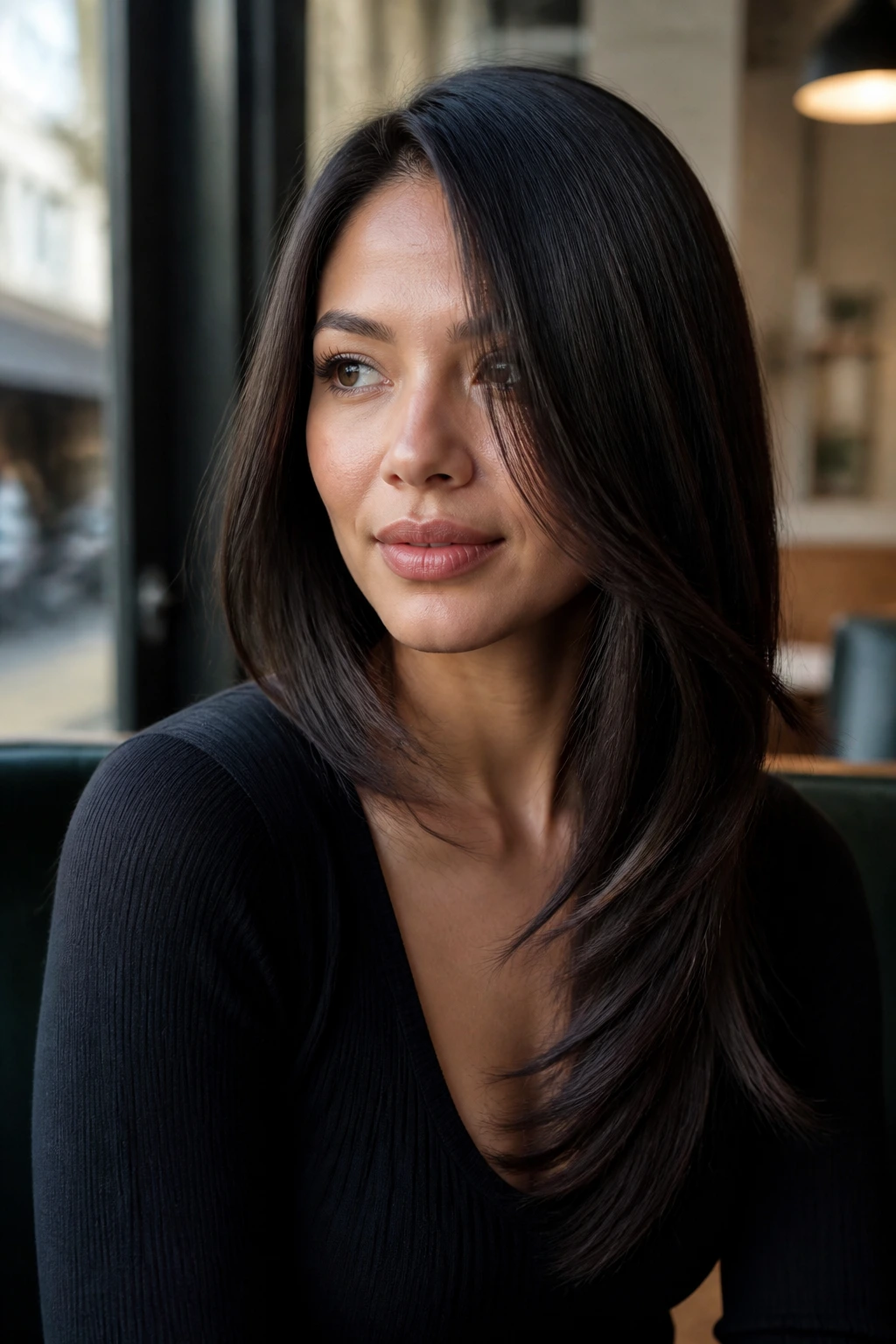 Portrait of a woman with a long asymmetrical cut showing one side longer.
