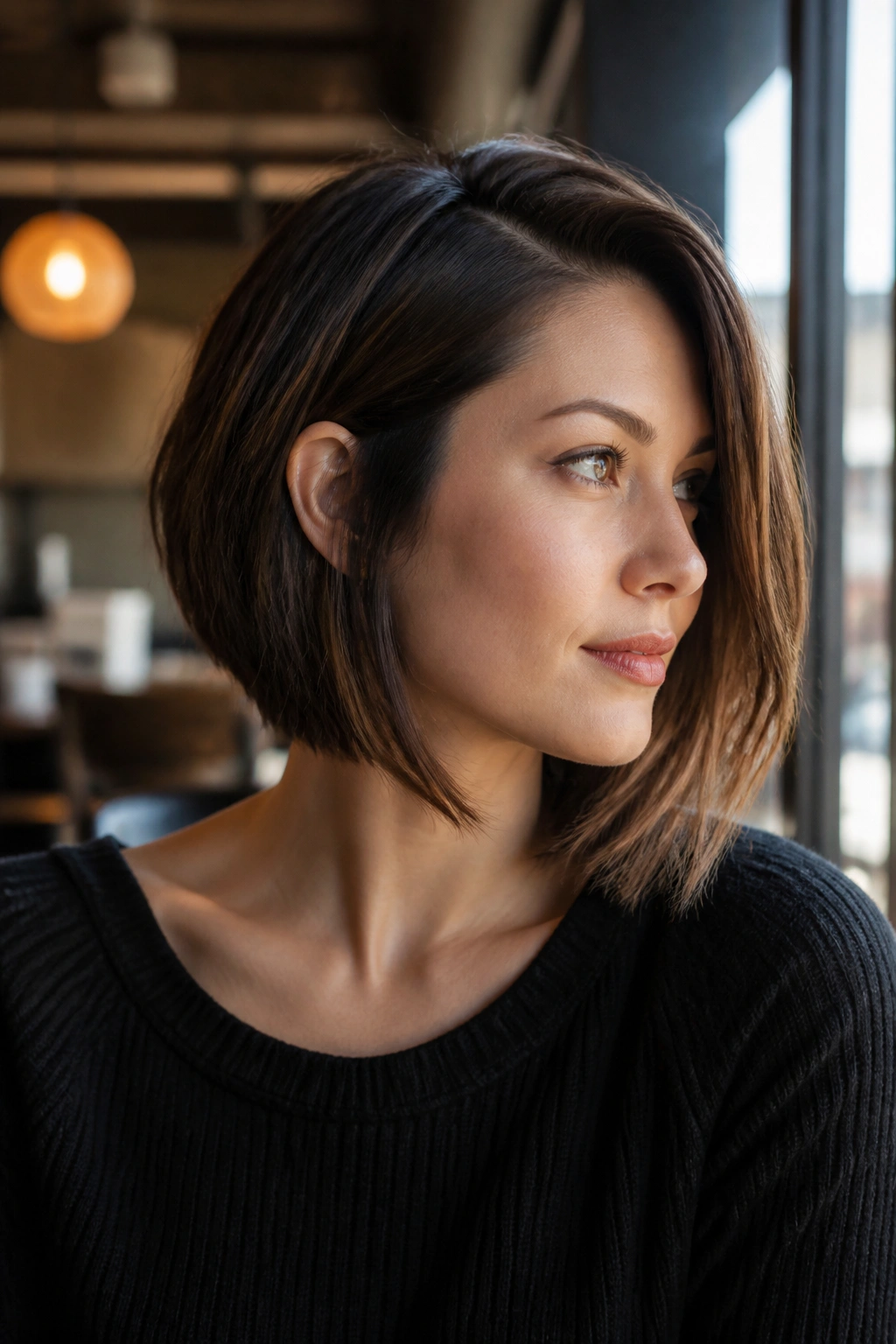 Close-up of real woman with asymmetrical haircut