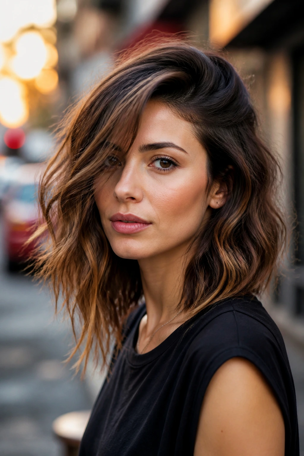 Close-up of a real woman with an asymmetrical wavy cut and deep side sweep