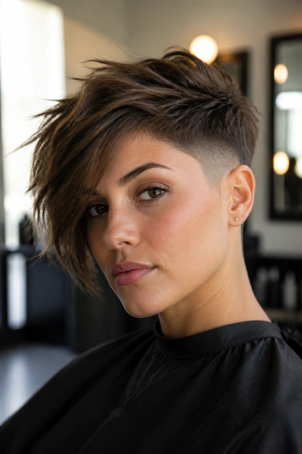 Real person with asymmetrical fade and textured top, close-up