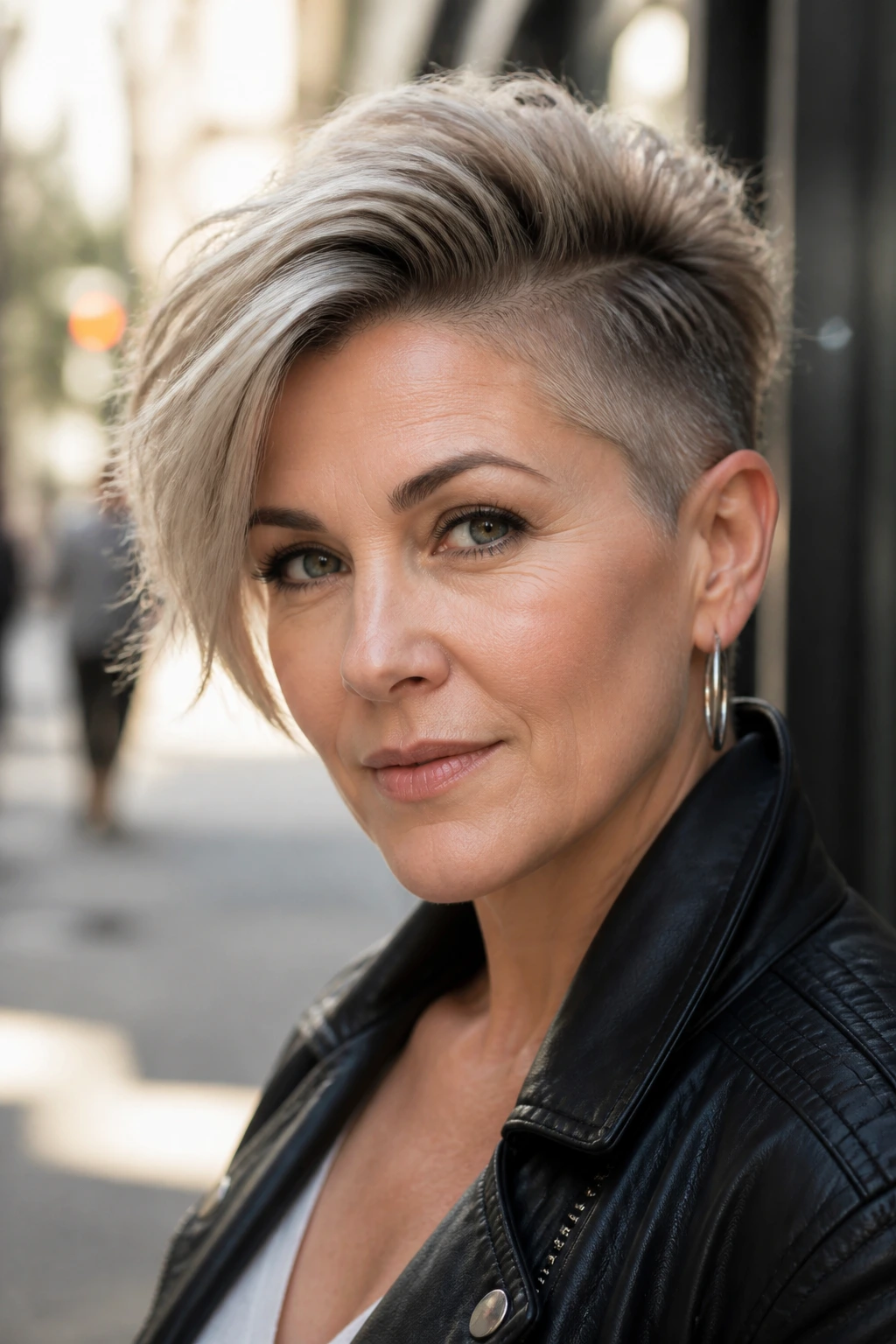 Close-up portrait of a woman with an asymmetrical faux hawk, one side shorter and diagonally swept.