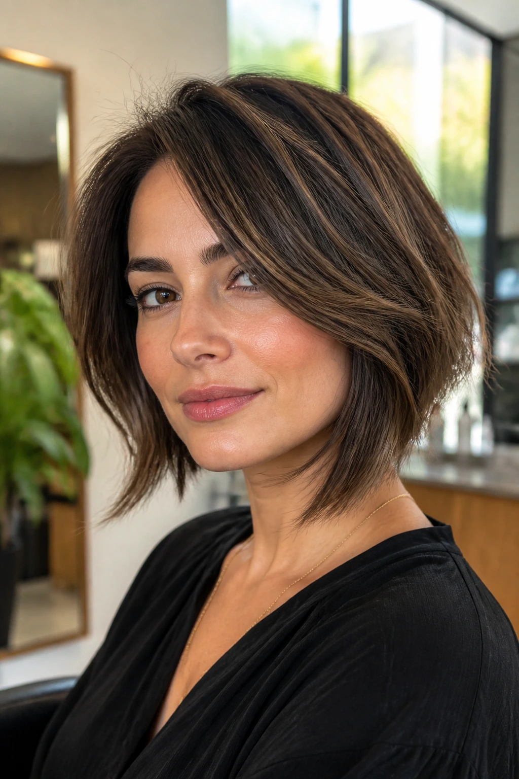 Close-up portrait of a real woman with an asymmetrical feathered bob and soft lighting