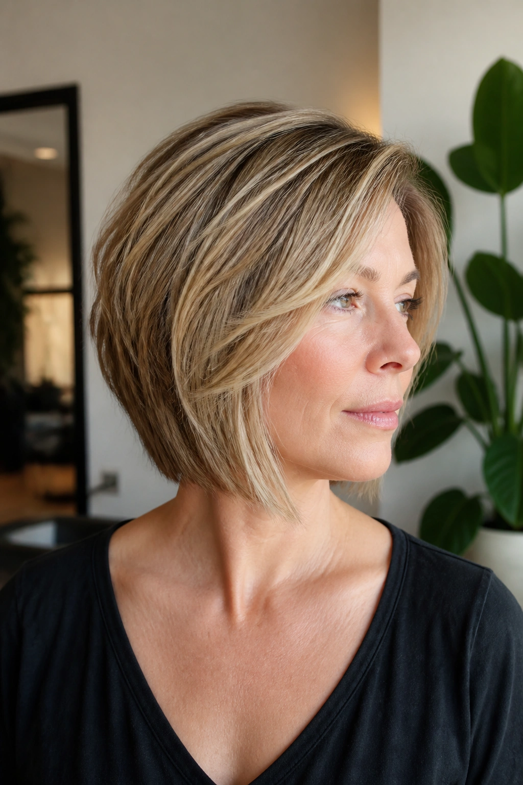 Close-up of a real person with an asymmetrical feathered bob showing a longer side.