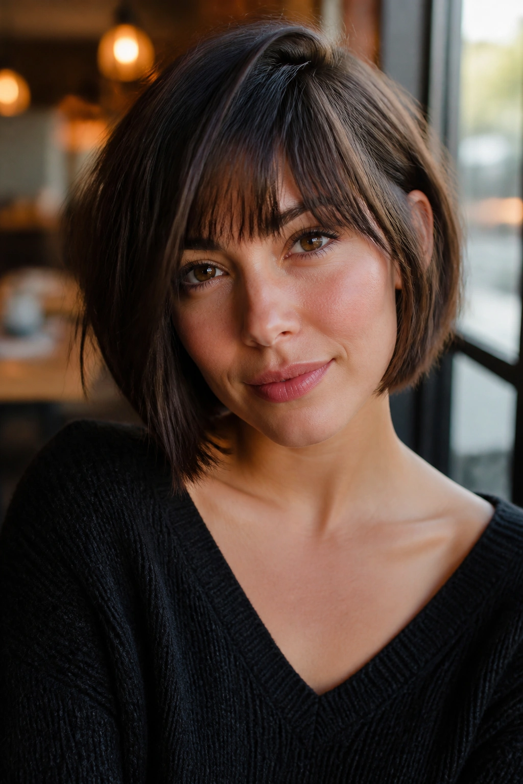 Close-up of a real woman with an asymmetrical French bob and brow-grazing bangs in a warm, lit cafe setting.