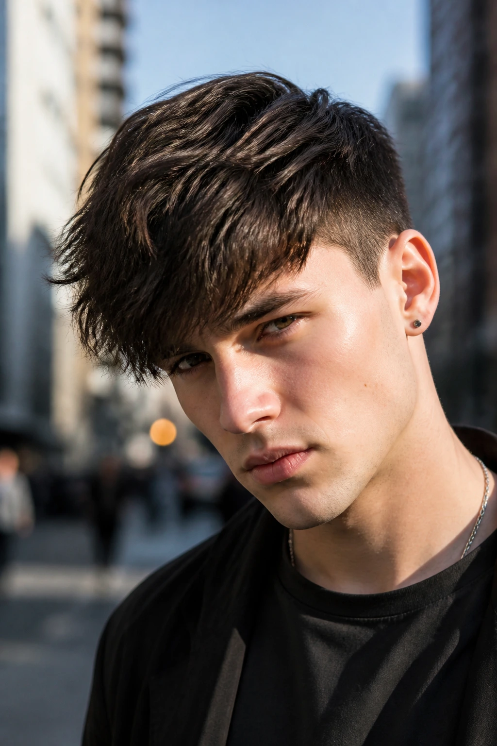 Close-up of a man with an asymmetrical fringe showing a longer side on one side.