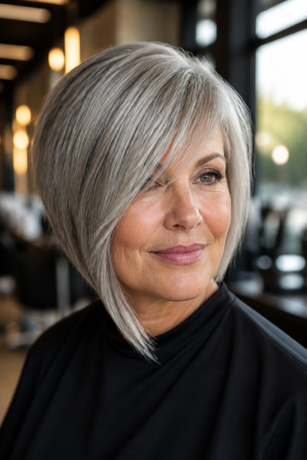Close-up portrait of a real woman with an asymmetrical fringe on an angled bob and grey hair