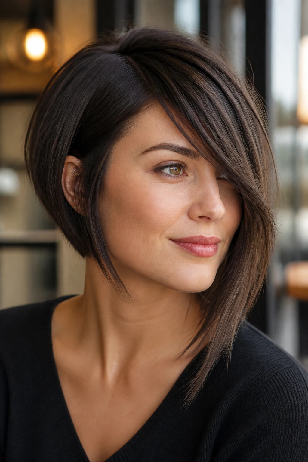 Portrait of a real woman with asymmetrical fringe and angled bob.