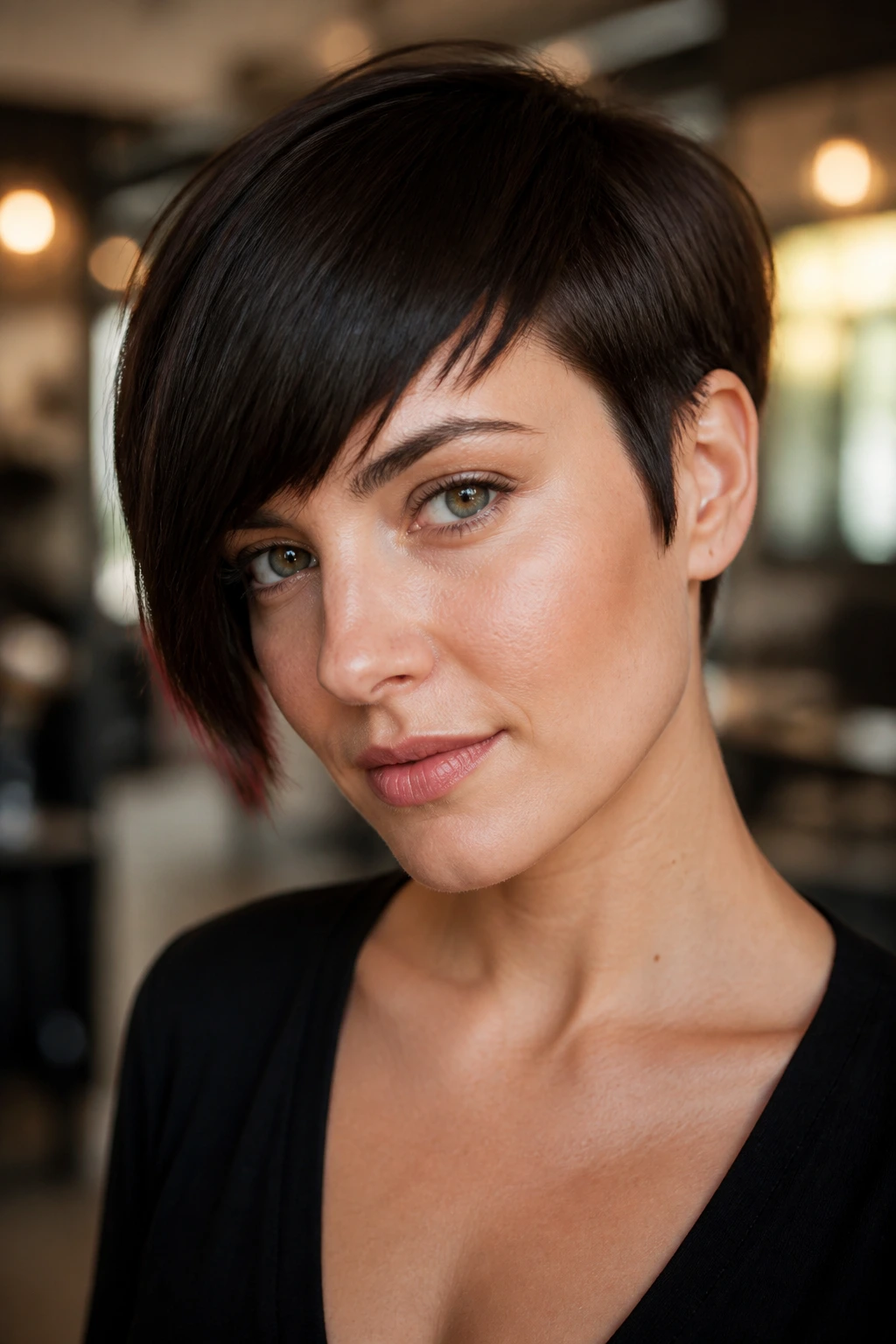 Close-up of a real woman with a diagonal blunt-cut asymmetrical fringe across the forehead