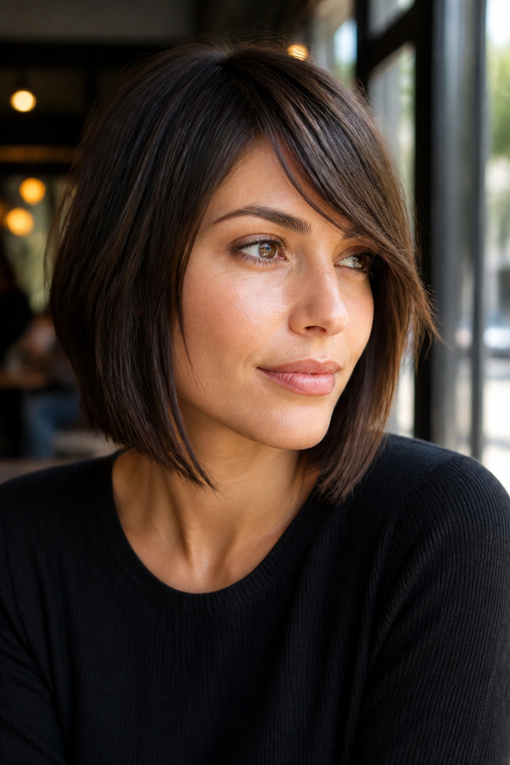 Portrait of a woman with asymmetrical diagonal fringe in a sunlit cafe window