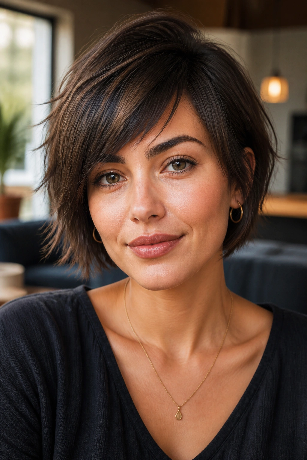 Portrait of a woman with an asymmetrical fringe and diagonal bangs.