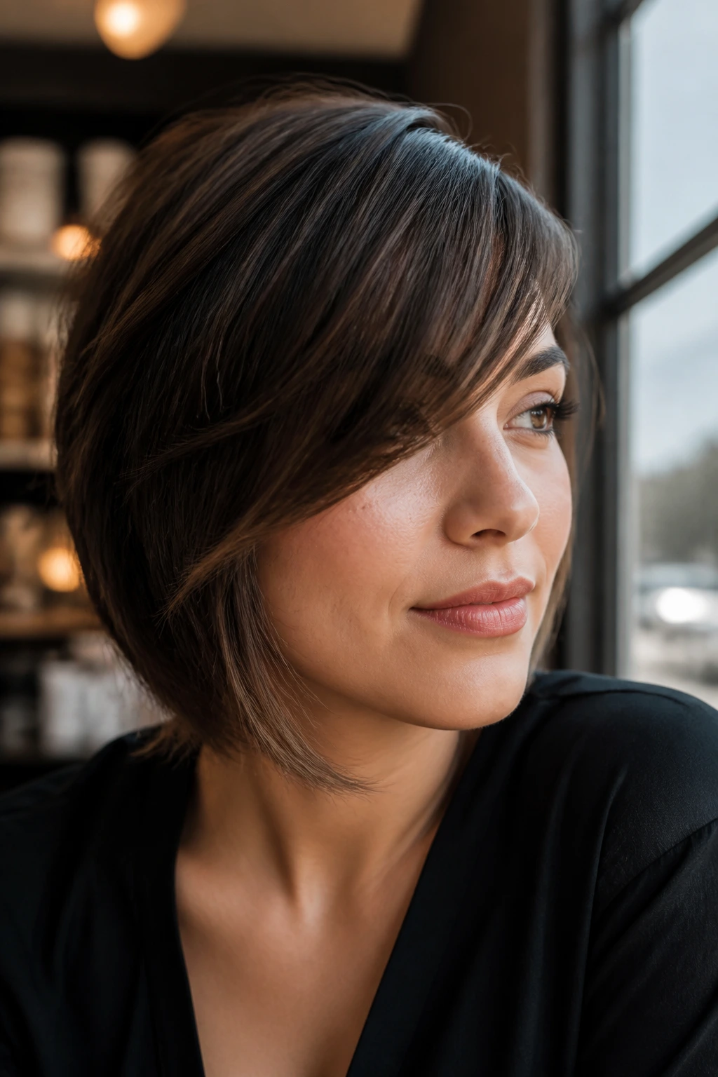 Portrait of a woman with an asymmetrical long fringe under natural daylight