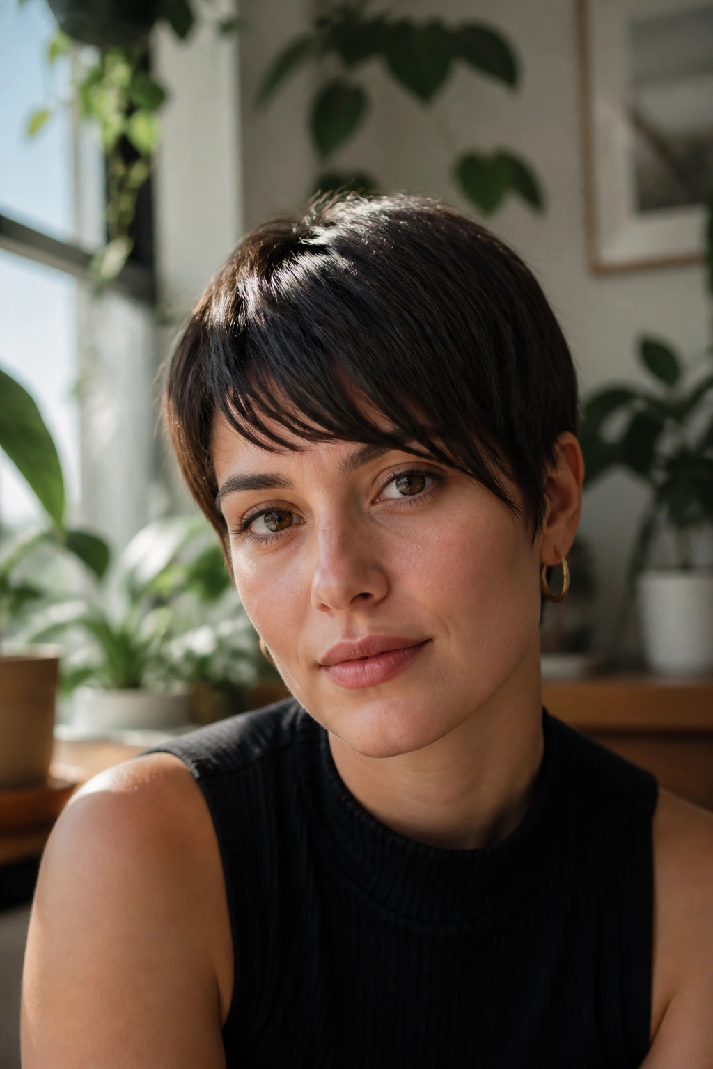 Portrait of a real woman with asymmetrical fringe in a sunlit apartment