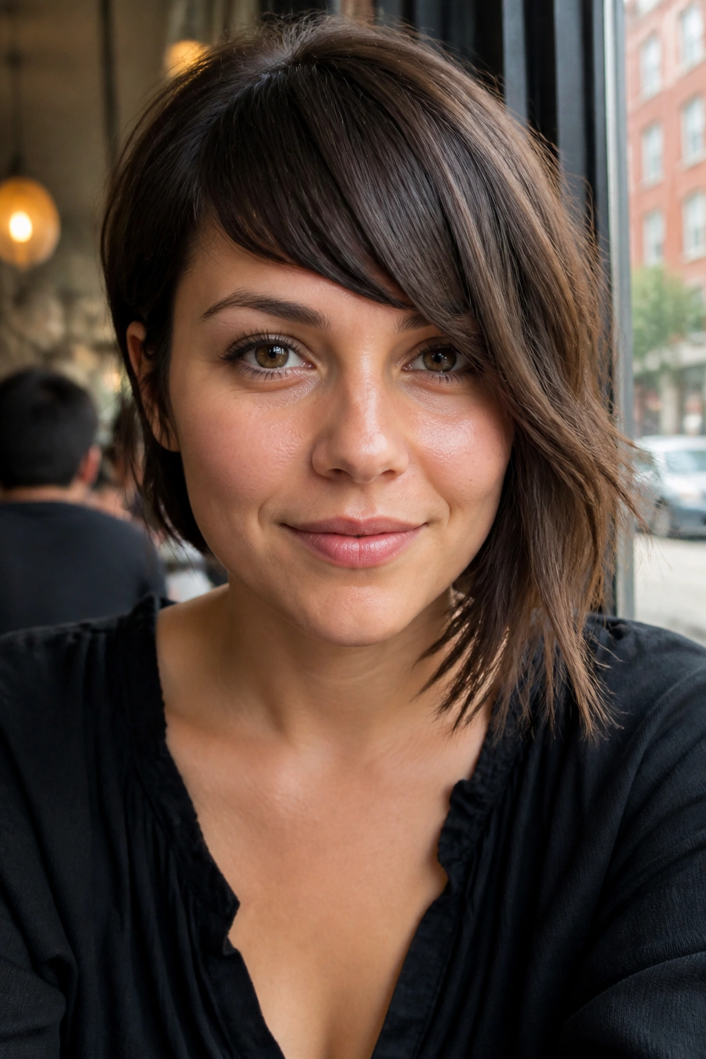 Close-up of real woman with asymmetrical fringe in daylight
