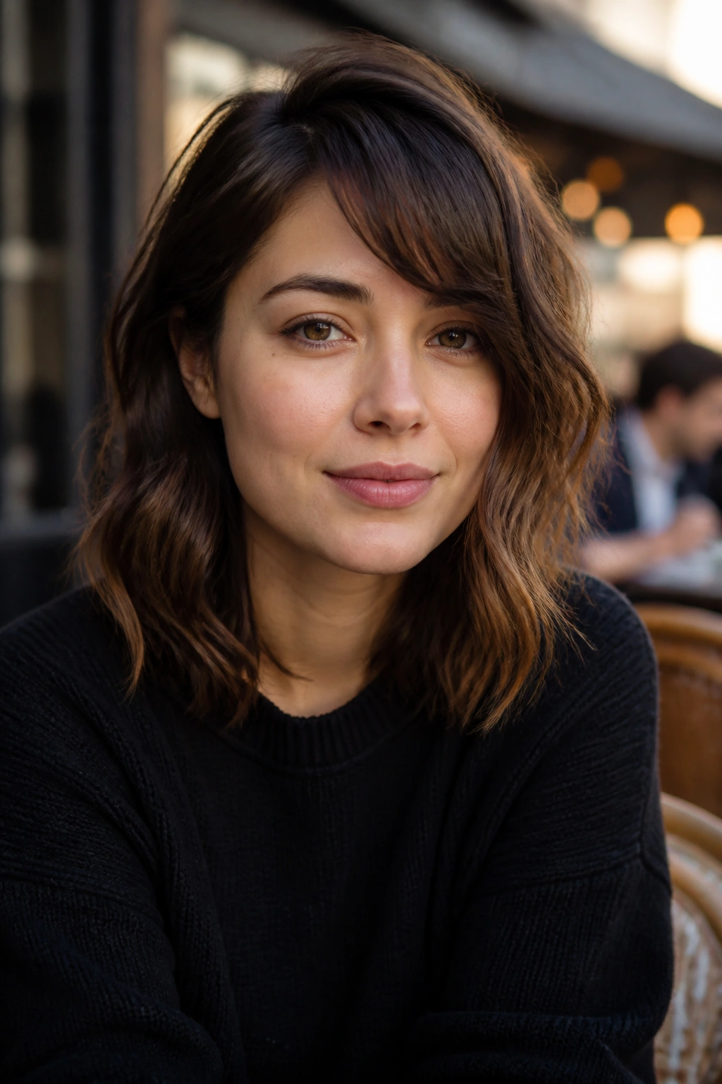 Real woman with asymmetrical side-part fringe in street cafe