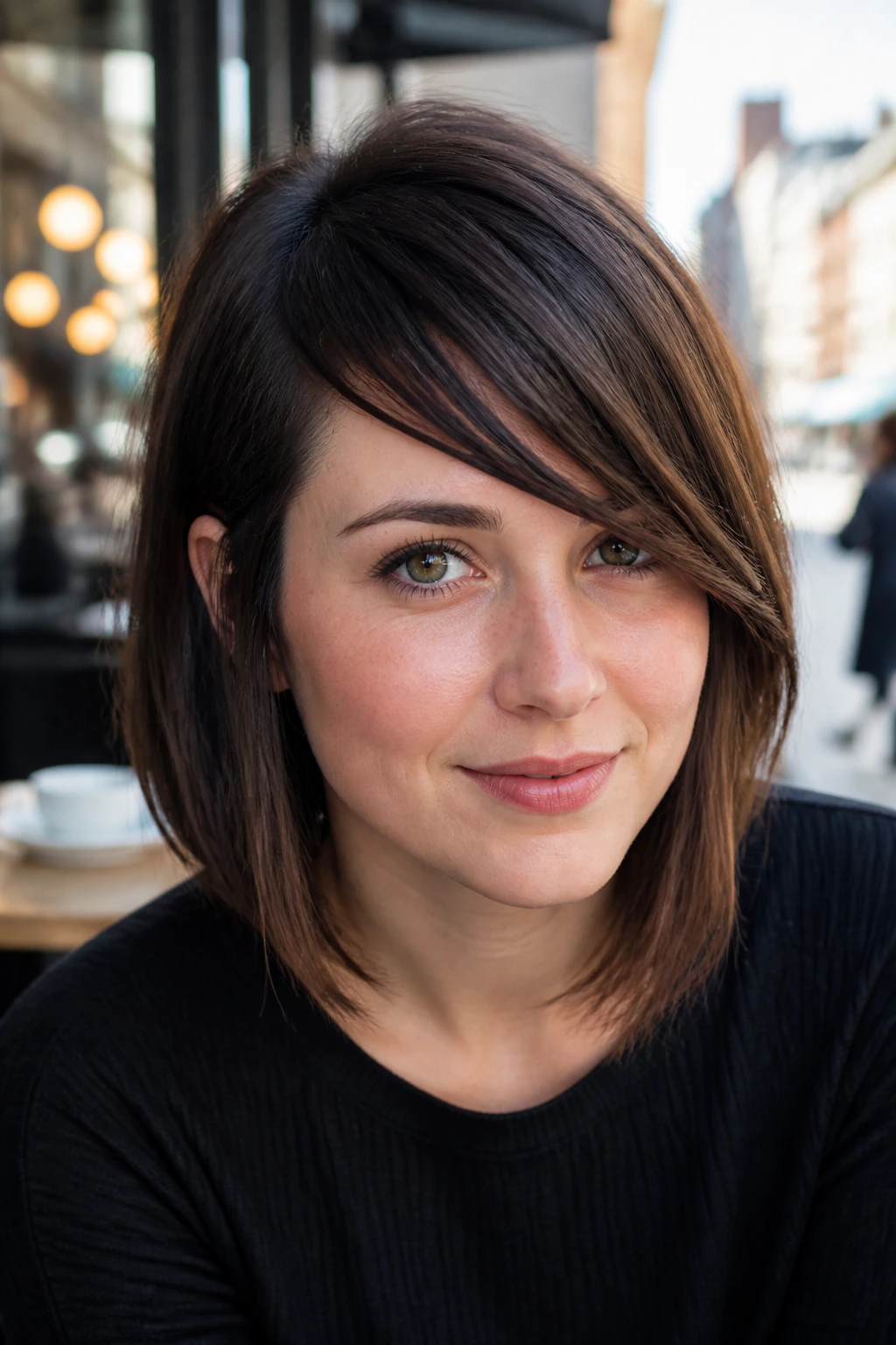 Close-up of a real woman with an asymmetric diagonal fringe.