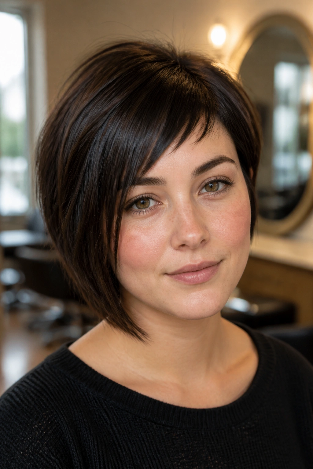 Close-up portrait of a real person with an asymmetrical fringe opening one side.