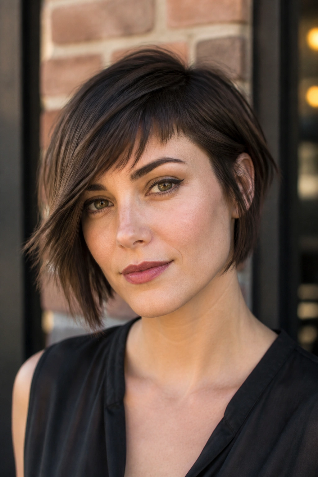 Real person with an asymmetrical fringe with a longer side near the cheekbone.