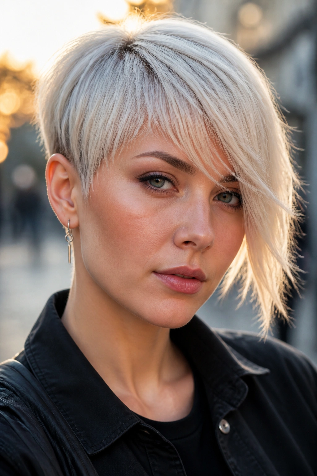 Close-up of a real woman with an asymmetrical white fringe in an urban golden-hour setting.