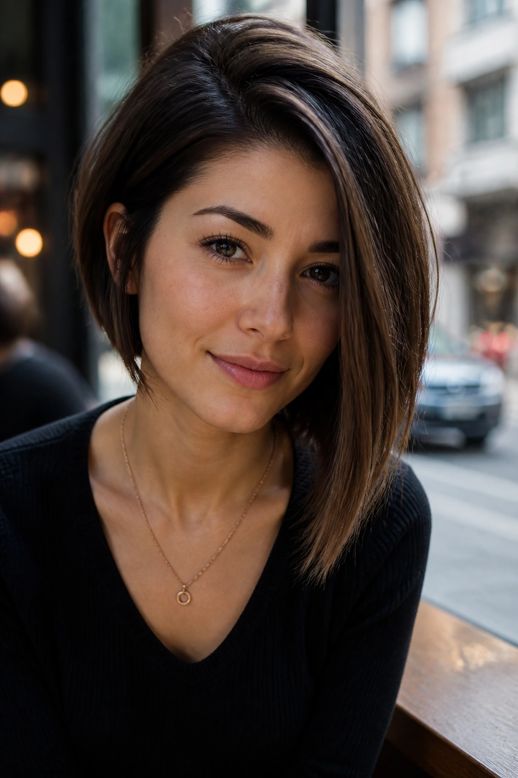 Close-up of a real woman with an asymmetrical graduated bob.
