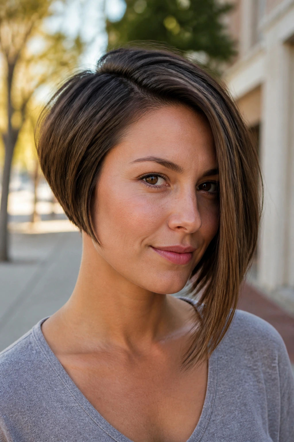 Portrait of a real woman with an asymmetrical graduated bob and one longer side outdoors.
