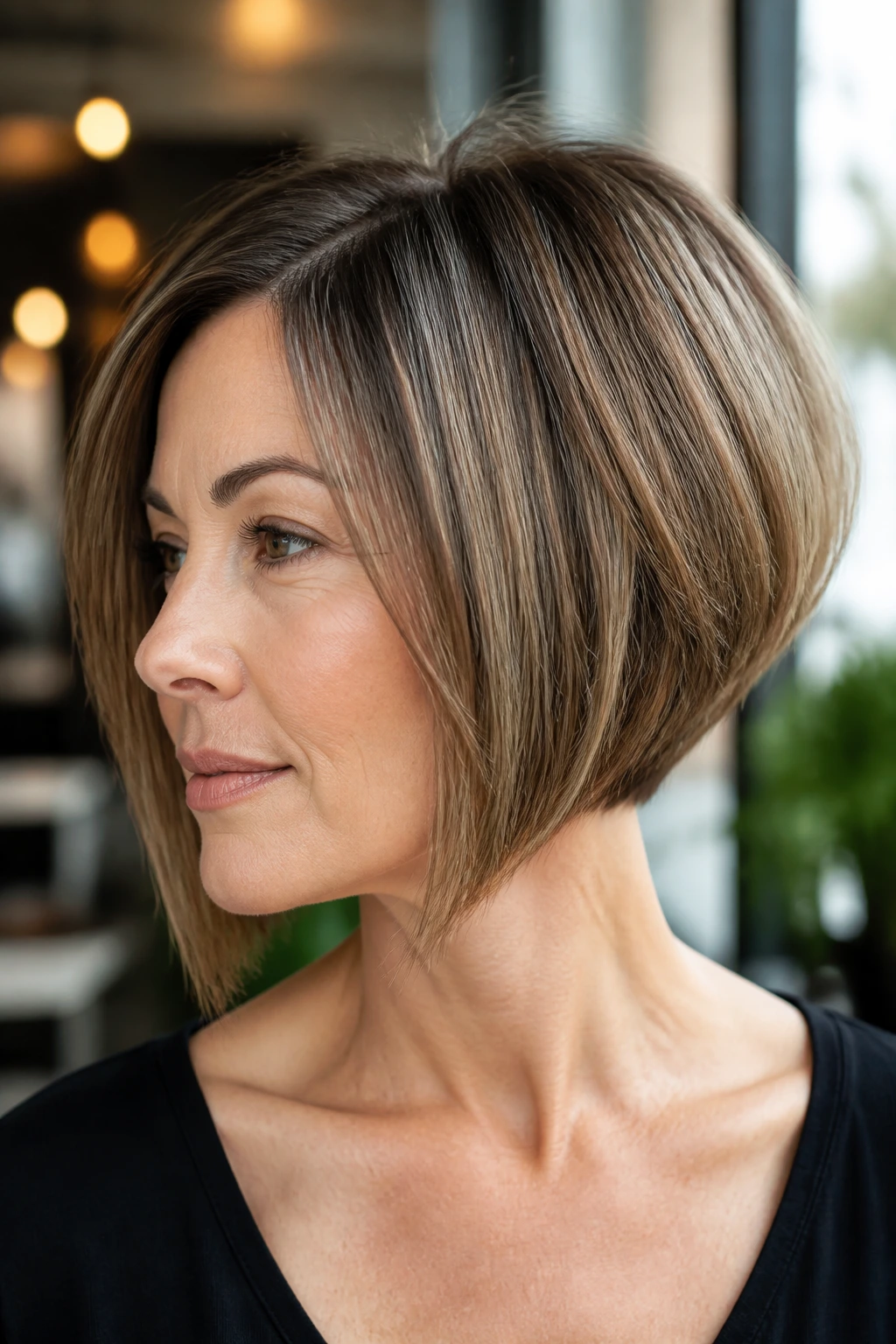 Portrait of a woman with asymmetrical graduated bob and soft angle