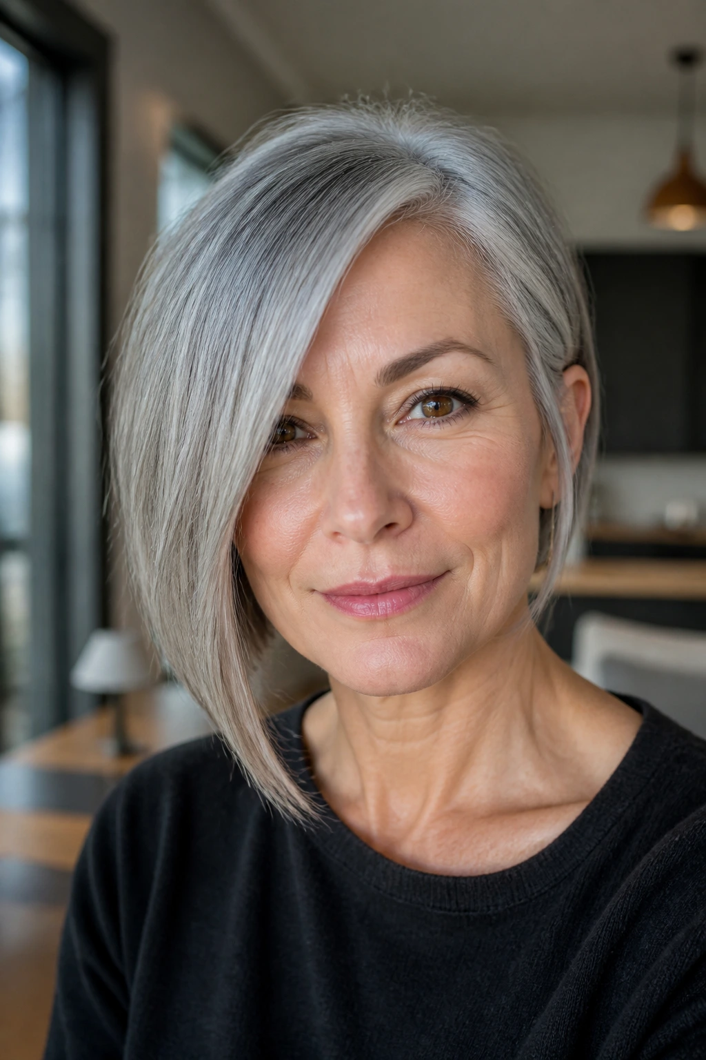 Close-up portrait of a real woman with an asymmetrical grey bob and longer side