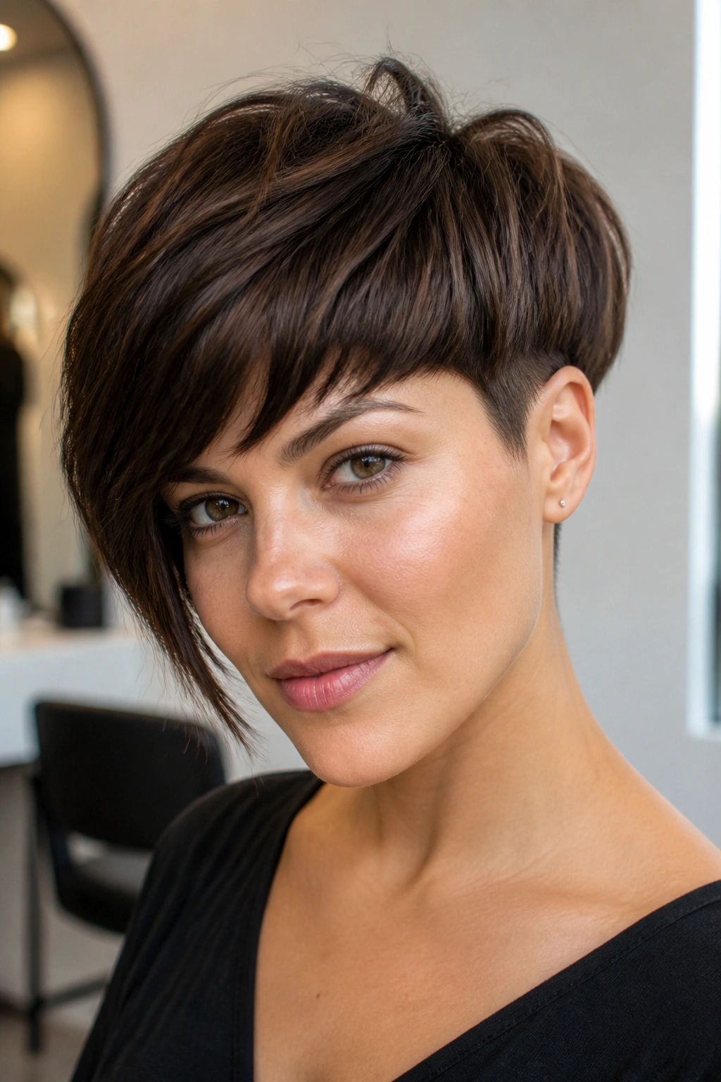 Close-up portrait of a real woman with an asymmetrical bowl crop and soft diagonal line