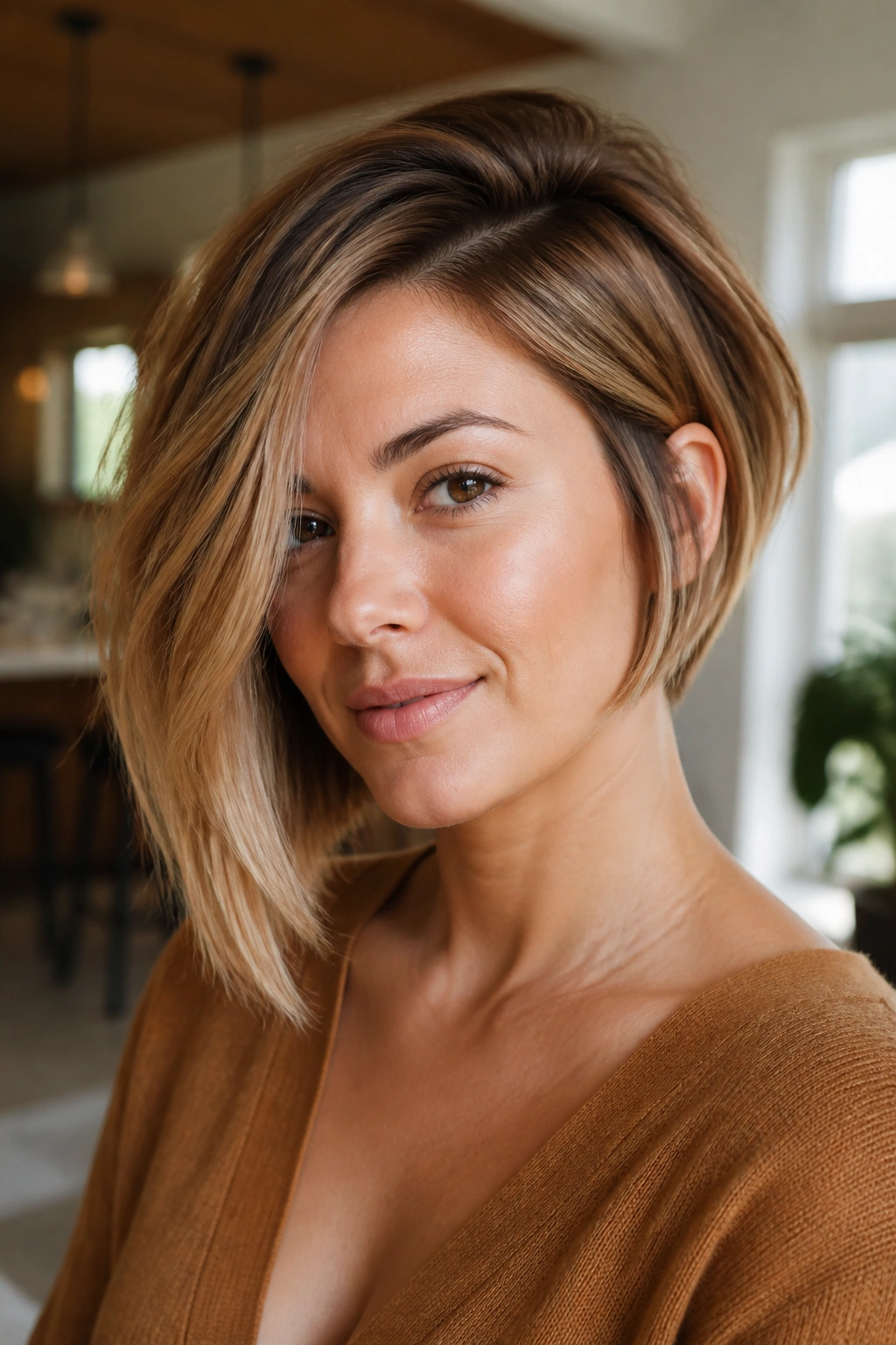 Close-up portrait of a real woman with an asymmetrical honey bob showing longer and shorter sides