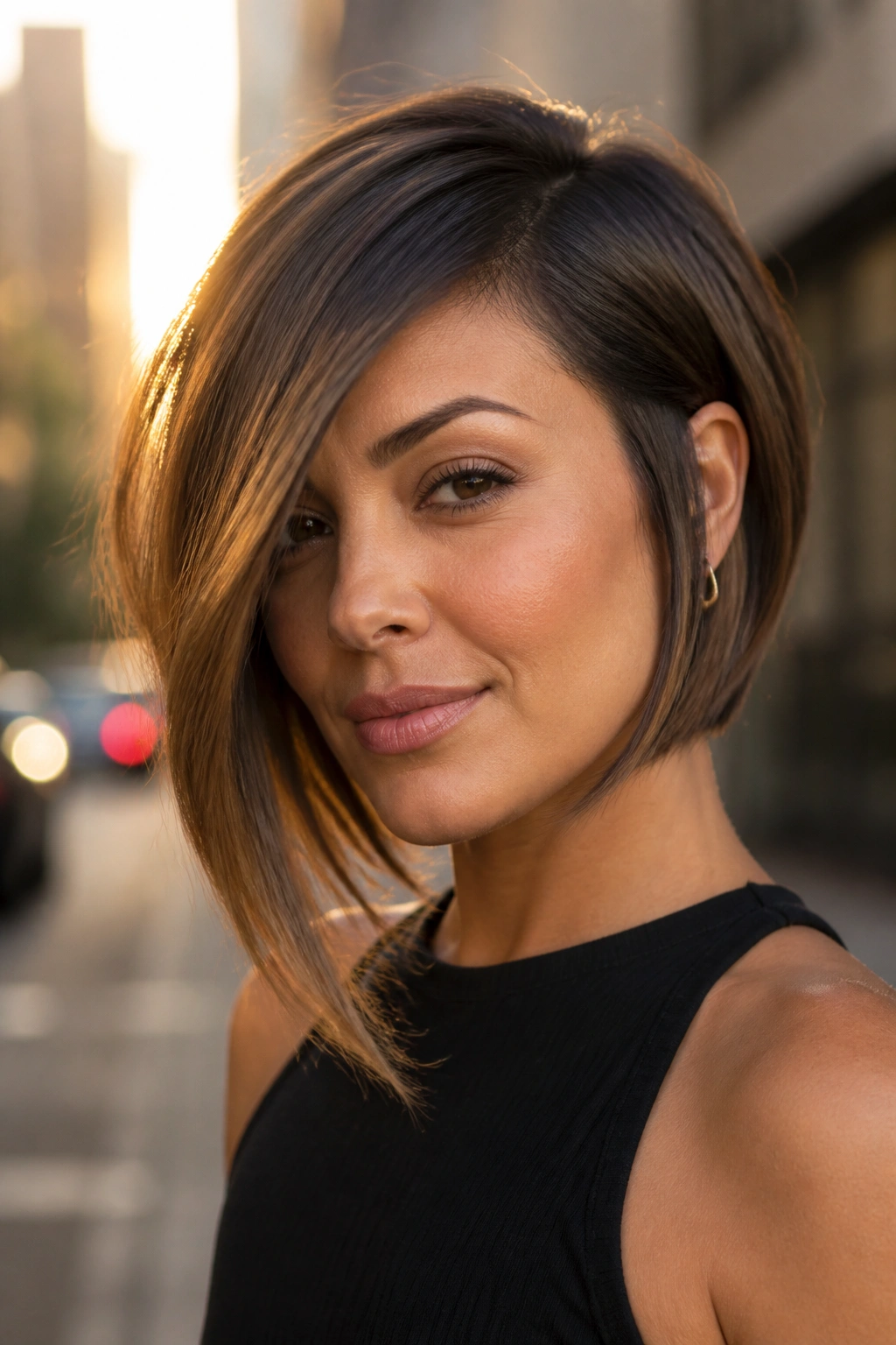 Close-up portrait of a real woman with asymmetrical inverted bob and one-side sweep.