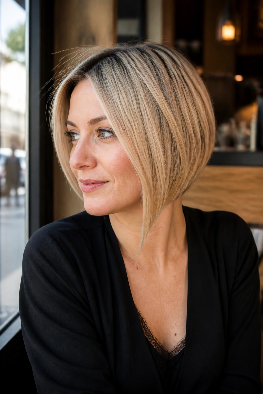 Real woman with asymmetrical inverted bob for fine hair, side-length difference visible