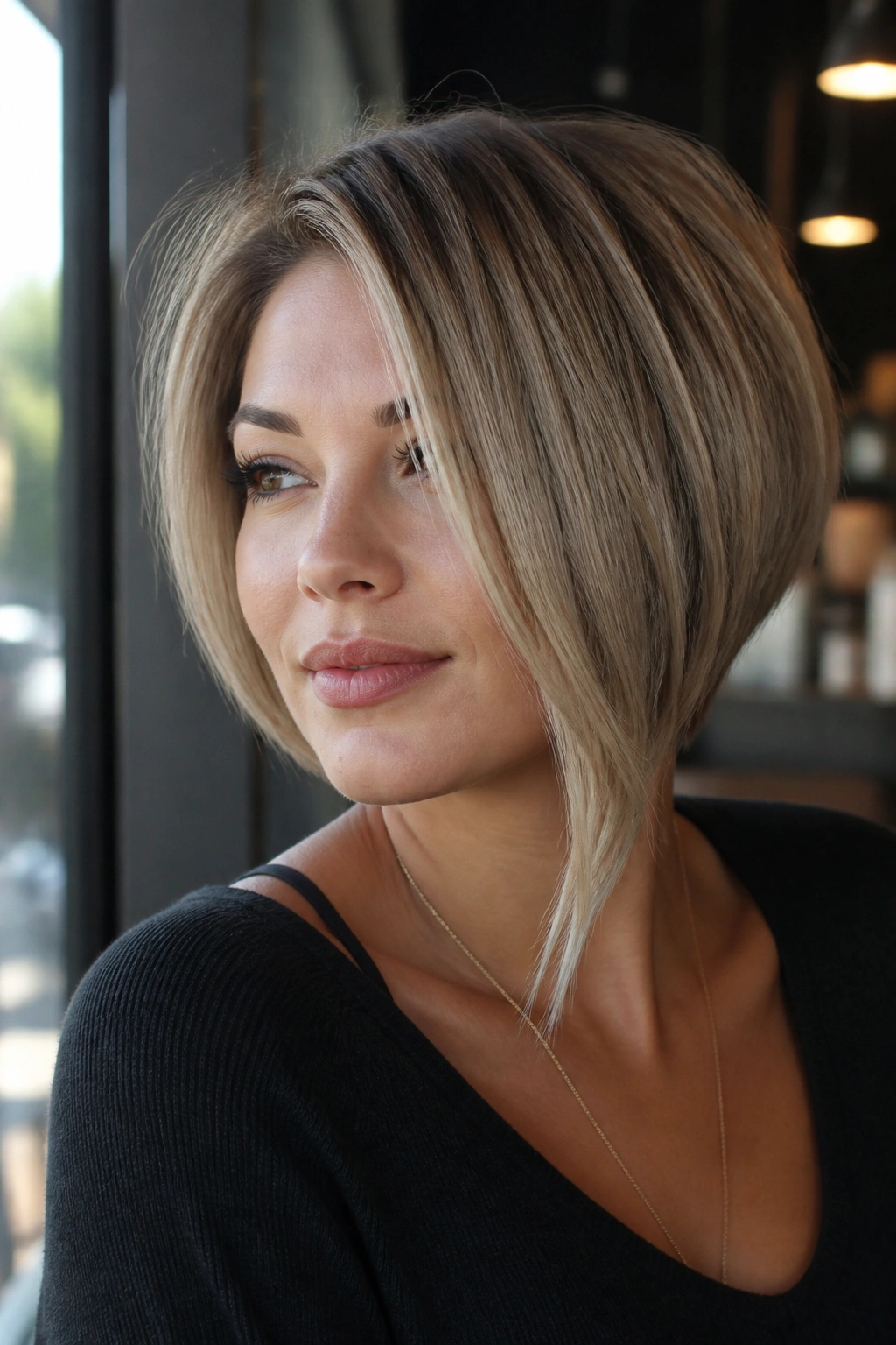 Portrait of woman with asymmetrical inverted bob and longer front pieces