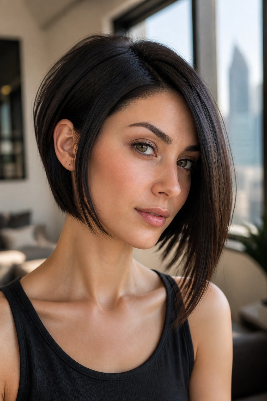 Close-up portrait of a real woman with an asymmetrical inverted bob, longer side and shorter side, in warm window light