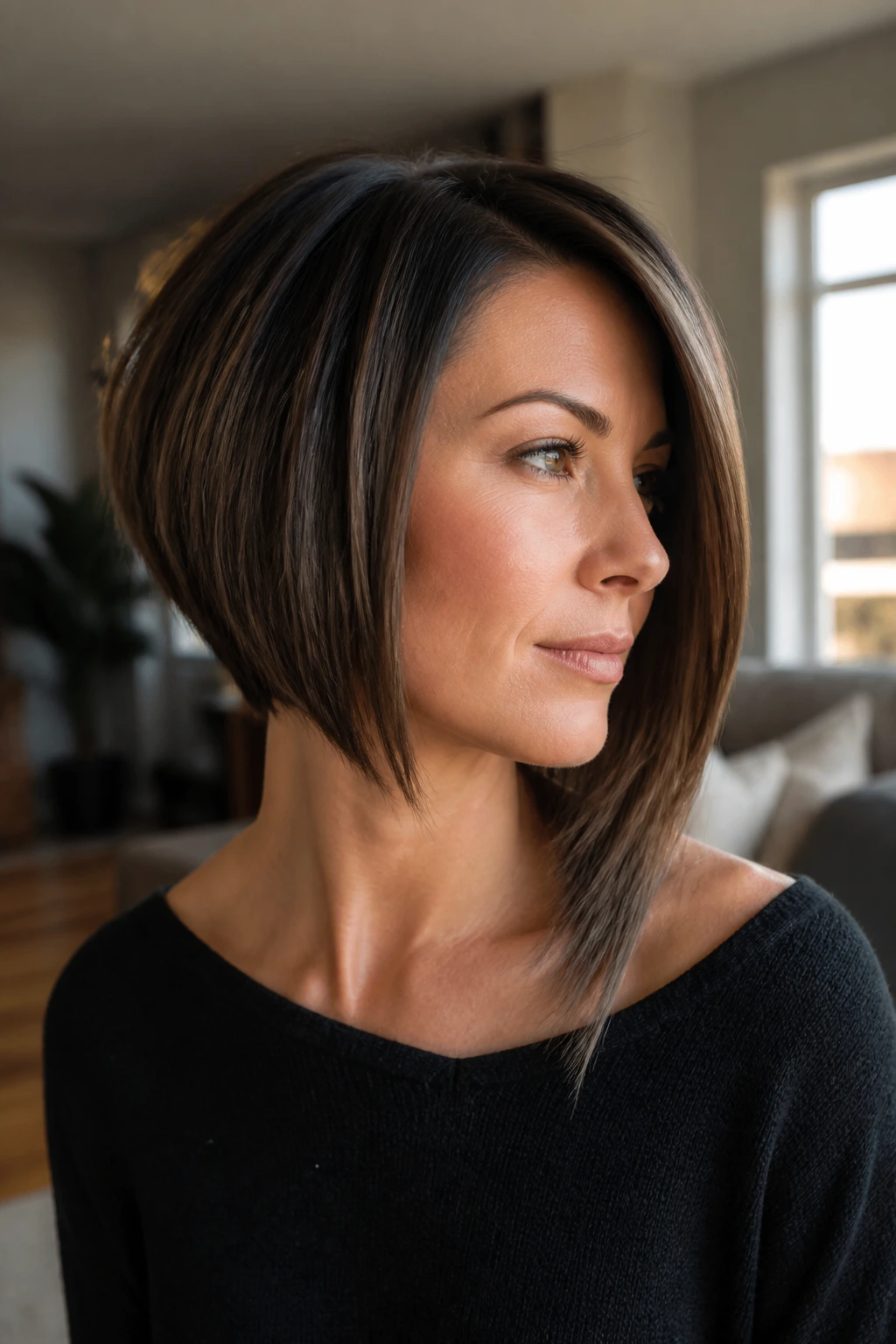 Close-up of a real woman with an asymmetrical inverted bob showing diagonal length difference
