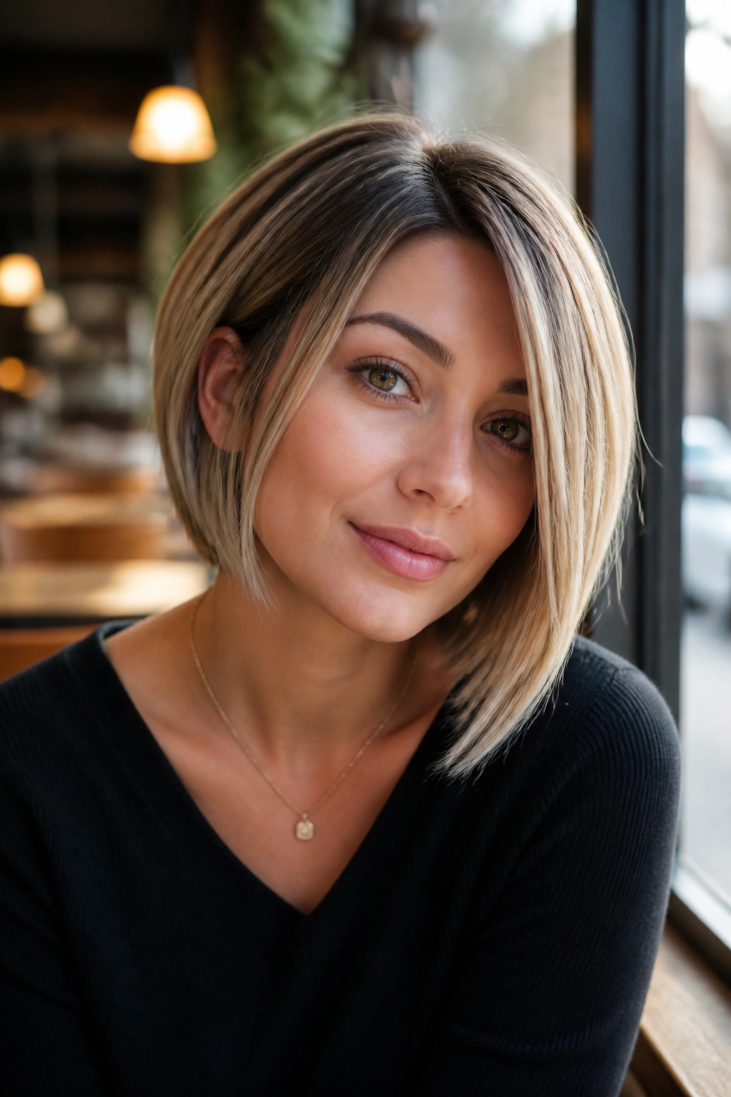 Close-up portrait of a real woman with a softly asymmetrical inverted bob