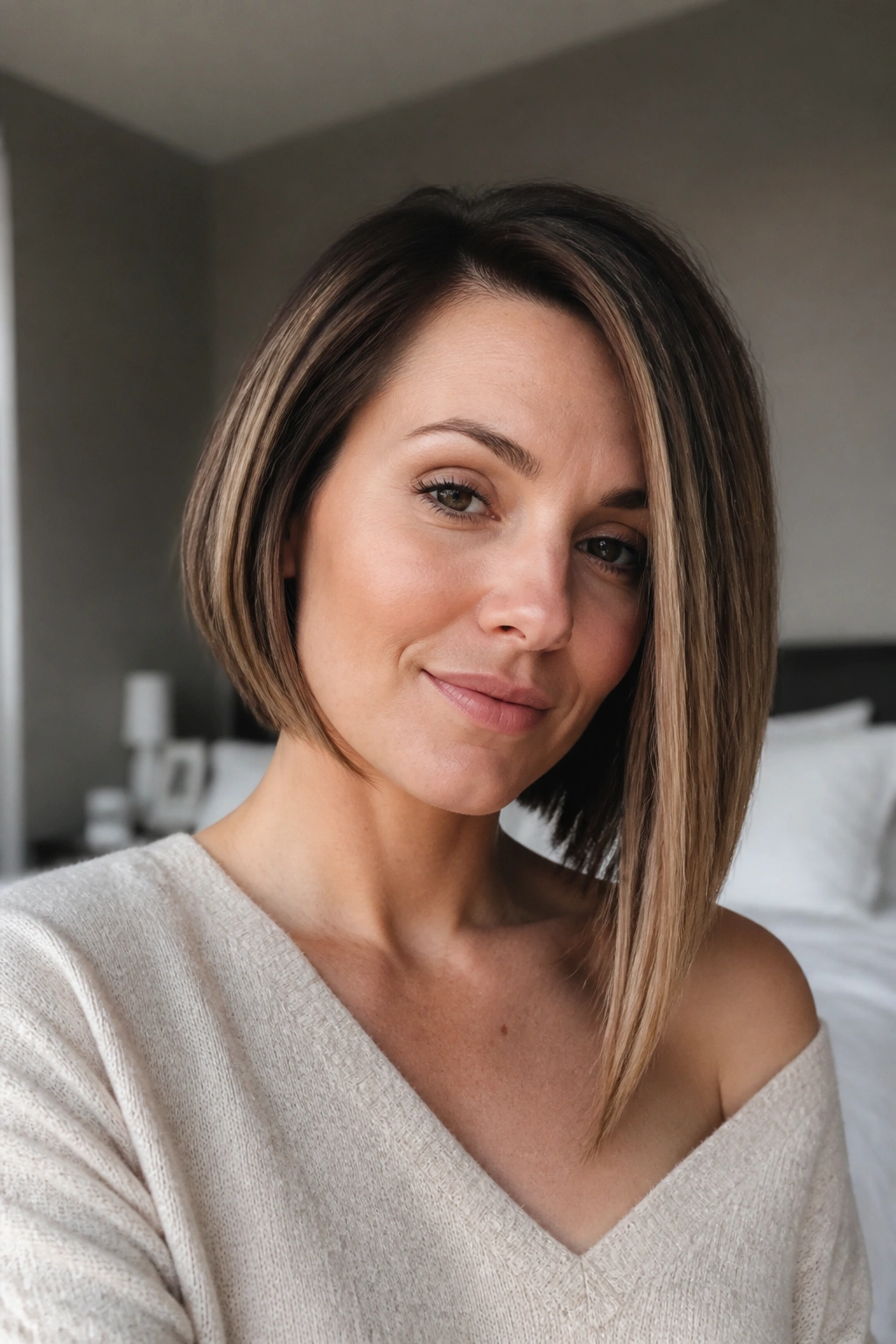 Close-up of a real woman with an asymmetrical inverted cut featuring a longer side along the collarbone.