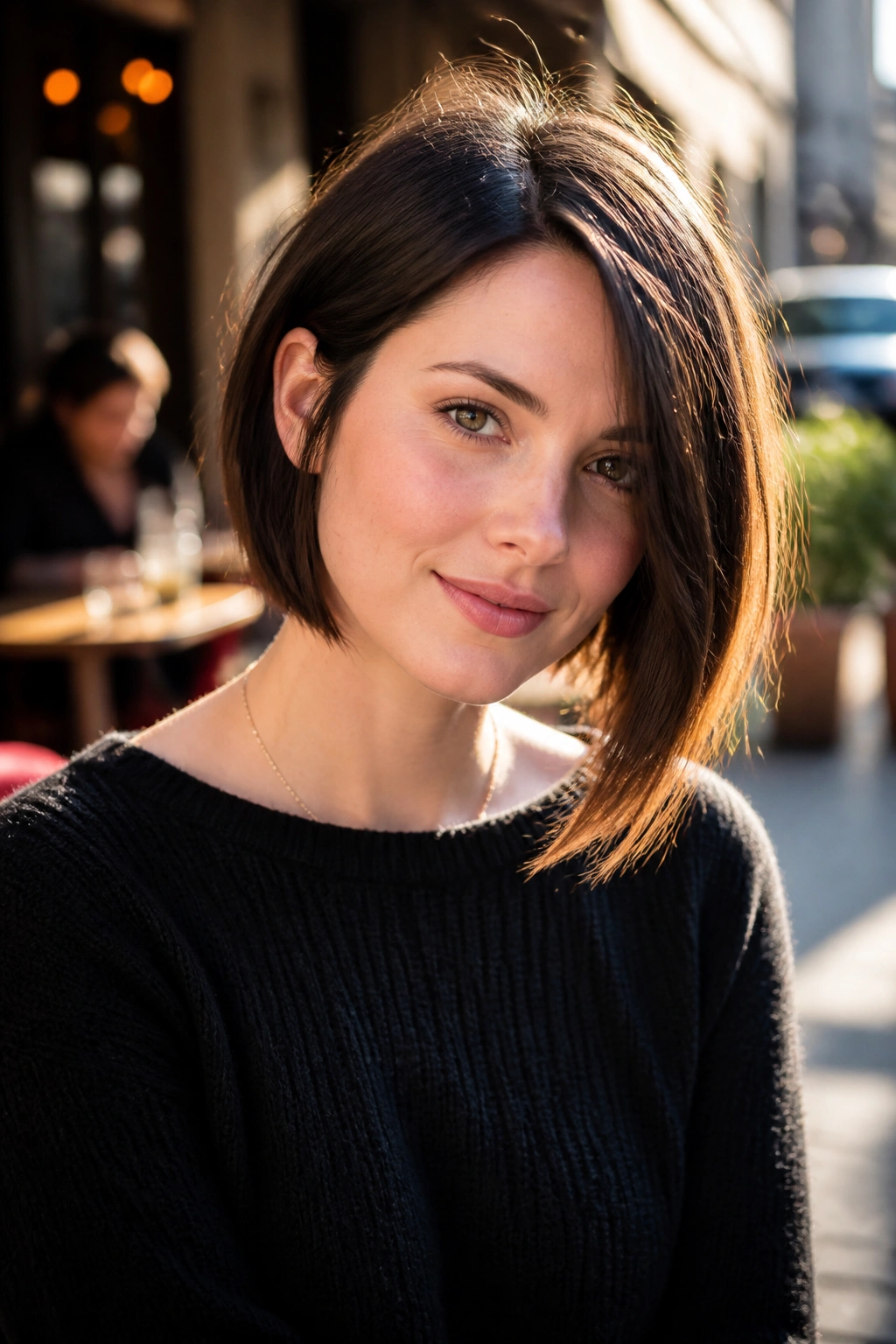 Real person wearing an asymmetrical jaw-length bob in outdoor lighting.