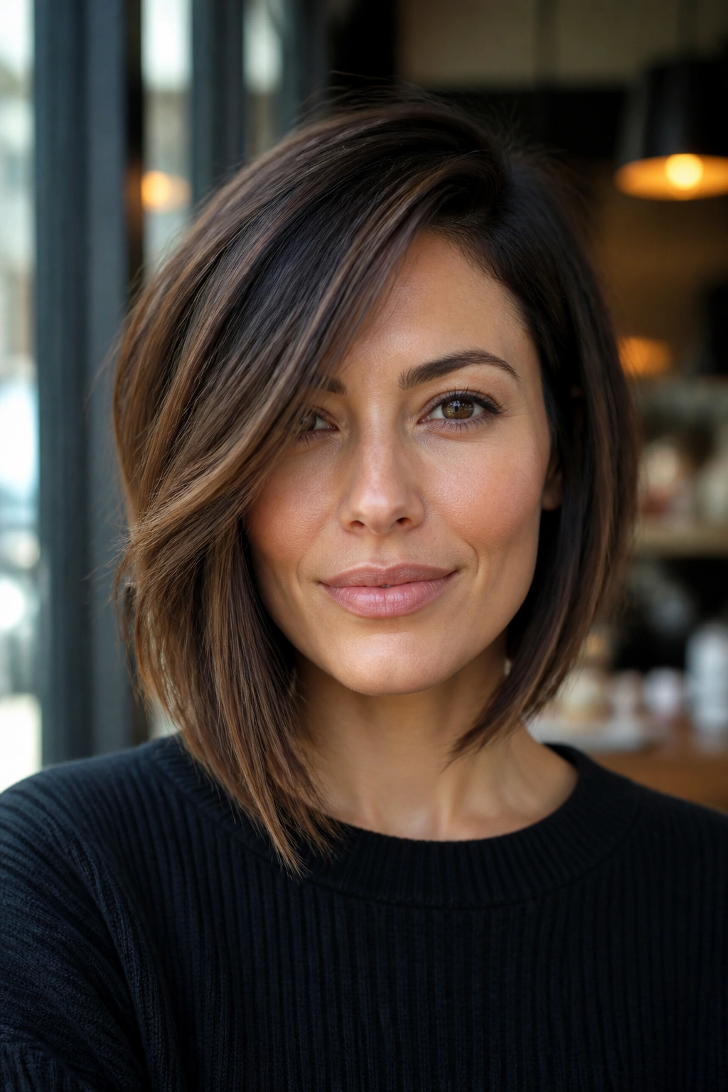 Close-up of a person with an asymmetrical layered lob and one-side sweep