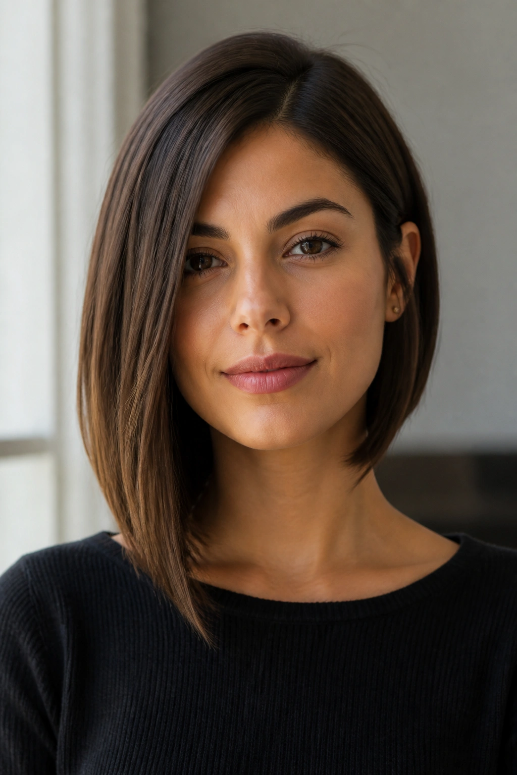 Asymmetrical brunette lob close-up
