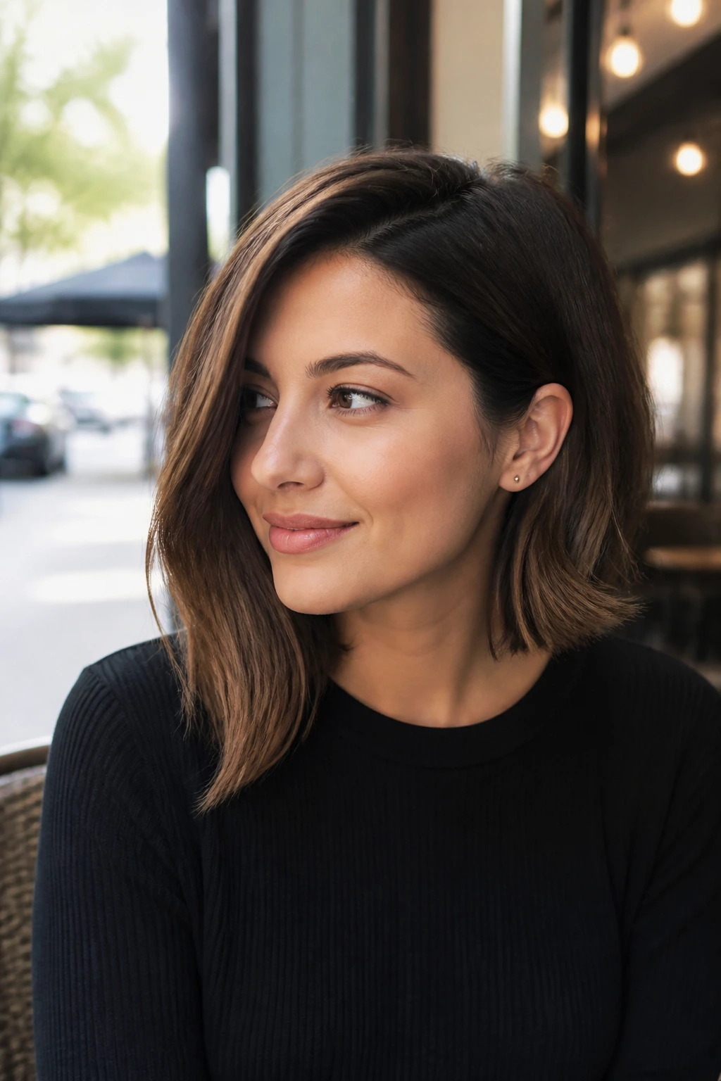 Portrait of a real woman with an asymmetrical lob and longer side