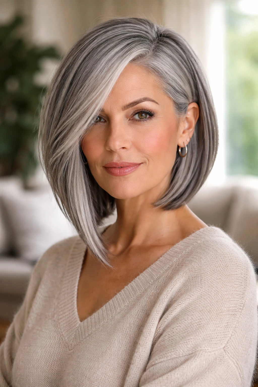 Close-up portrait of a real woman with a silver-grey asymmetrical lob and varied lengths.